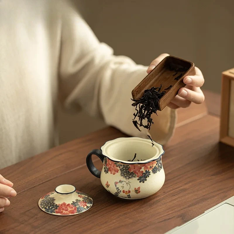 200ml Handcrafted Gold-embellished White Cat Filter Tea Separator Cup Vintage Tea Mug With Infuser Tea Brewing Office Water Cup