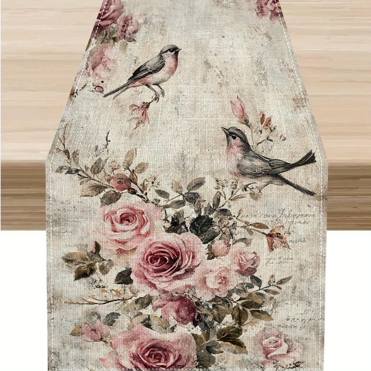 1pc, There Are Pink Roses, Green Leaves, And Bird Patterns Table Flag Polyester Fiber, Used For Holiday