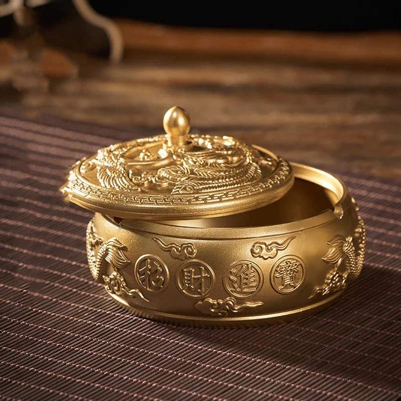 Chinese Retro Dragon and Phoenix Ashtray Creative Brass Anti-Flying Dust Ashtray with Lid Home Office Desktop Ornamental Craft