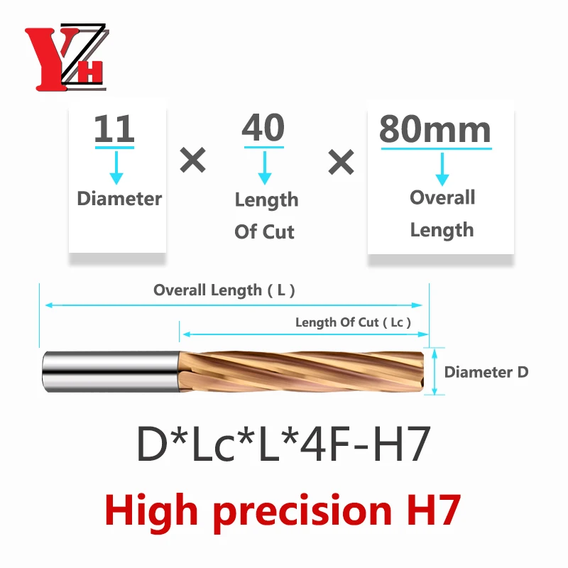 YZH Carbide Machine Reamer HRC60  Coated Spiral Groove 4F 6F Tolerance H7 Harened Steel Metal Cutter CNC Inner Hole 11mm ~25mm