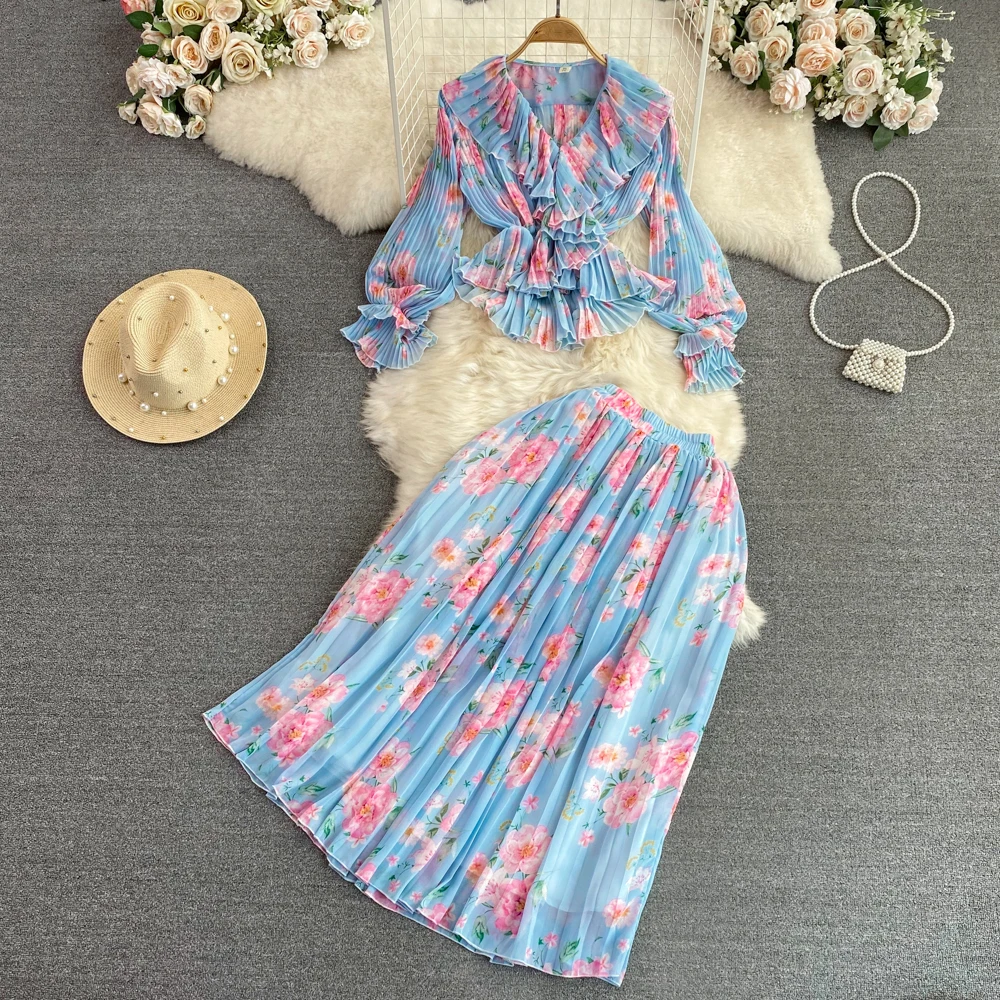 2023 neue Frühling Herbst Frauen Süße Blumen Rock Anzüge Mode Falten Floral Chiffon Hemd Und Überzogene Lange Rock Zwei Stück Set