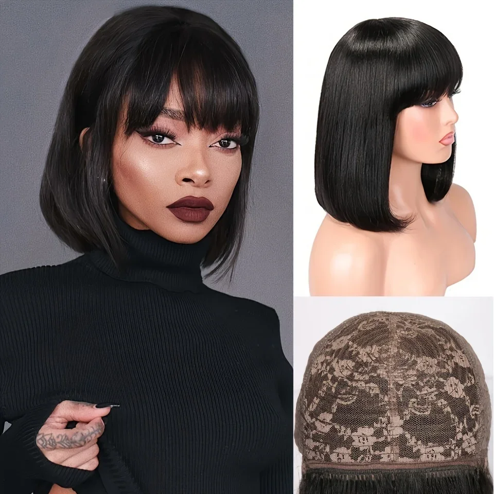 Highlight Straight Bob Wig for Woman Daily Party Cosplay Wig Synthetic Black Hair Wigs with Bangs Heat Resistant Hair