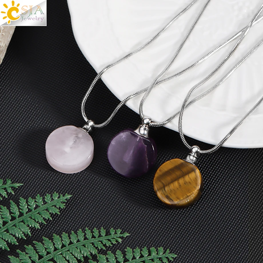 Silver Color Crystal Stone Perfume Bottle Necklace for Women Round Natural Gem Pendant Essential Oil  Stainless Steel Chain H415