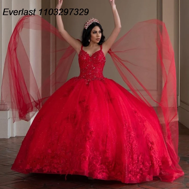 Evlast glänzend rot Quince anera Kleid Ballkleid Spitze Applikation Pailletten Perlen mit Cape Korsett süß 15 vestido de 15 anos tqd566