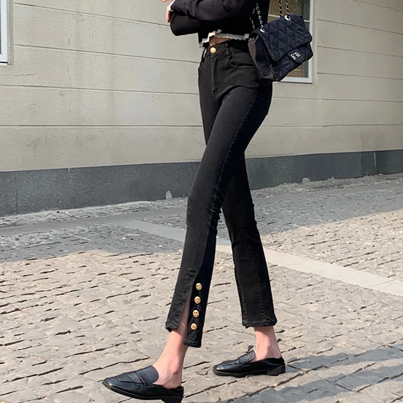 

High Waist Straight Leg Nine Inch Jeans Women's Asymmetrical Slit Design Slimming Effect Korean Style Spring Summer New Arrival