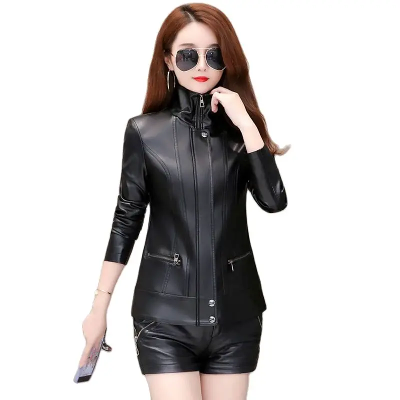 Spring And Autumn New Haining Women's Short Locomotive Korean And Slim Large Size Collar Leather Coat