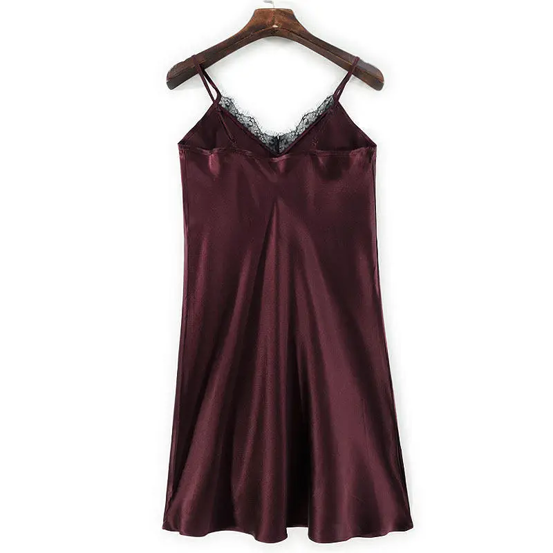 여성 캐주얼 의류 레이스 V넥 100% 천연 뽕나무 실크 플레인 새틴 섹시 슬림핏 미니멀리스트 마룬 캐미솔 드레스