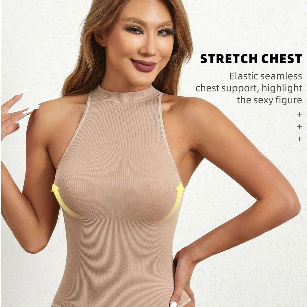 Ribbed Women's Bodysuits Halter Neck Tummy Control Compression Shapewear Snatched Waist Sleeveless Full Body Shaper Gym