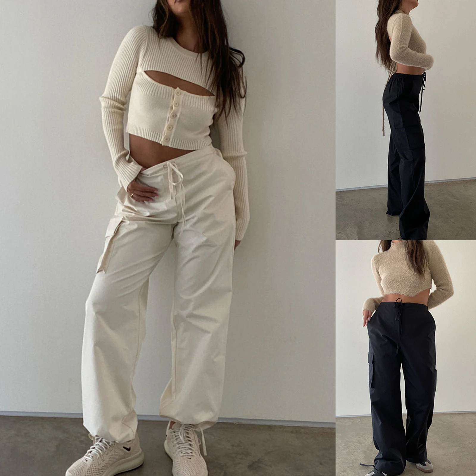 

Women s Casual Cargo Pants High Waist Elastic Drawstring Solid Loose Trousers with Multiple Pockets for Streetwear Fashion