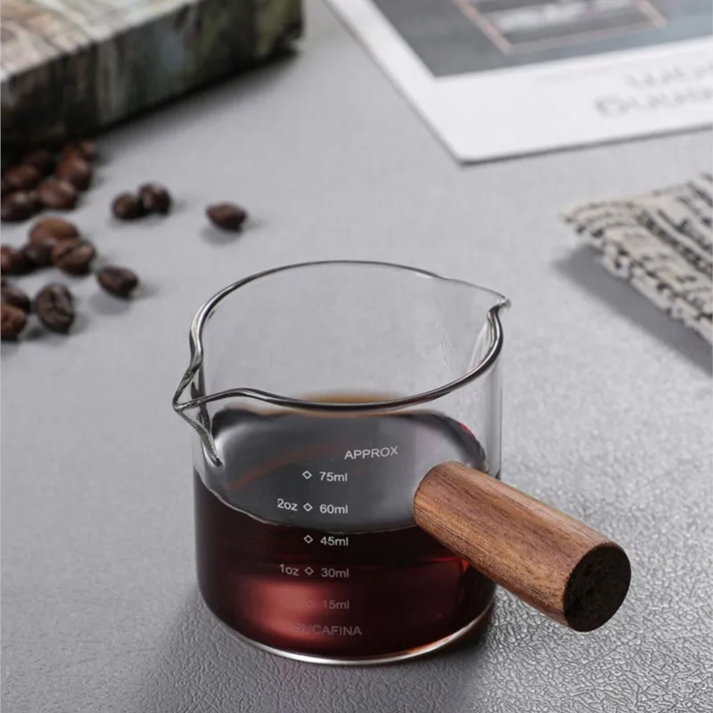 50/75/100ML Espresso Measuring Cup with Wooden Handle Double/Single Spouts Clear Coffee Shot Glass Heat Resistant Retro Milk Jug