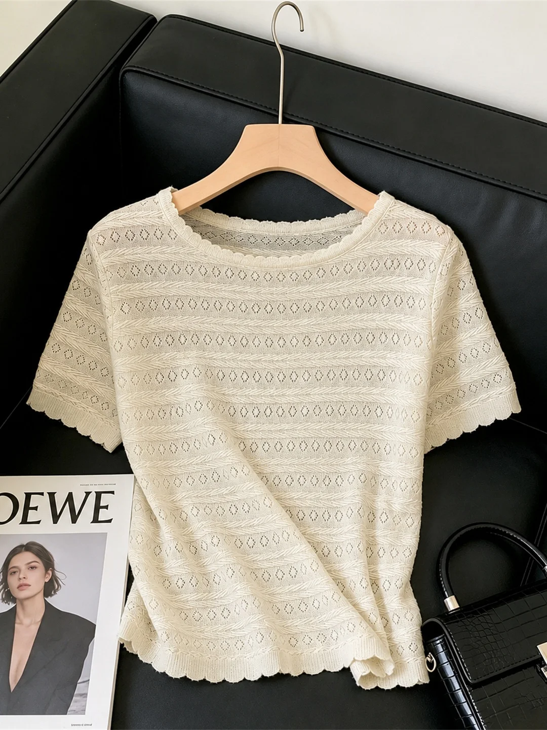 

Elegant Ice Silk Knitted Short Sleeve round Neck Commute Top Color Block Design Summer Fashionable Women's Straight Cut Shirt