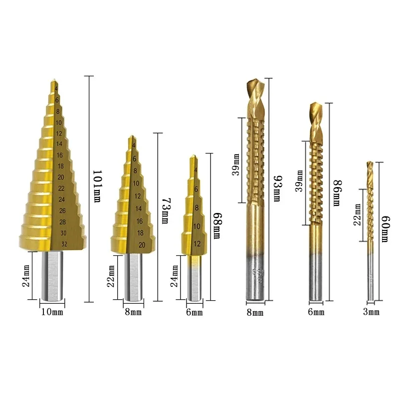 6Pcs Triangular Handle Straight Groove Ladder Drill Bit Set 4-12/4-20/4-32mm Step Drill for Metal Wood Hole Punching