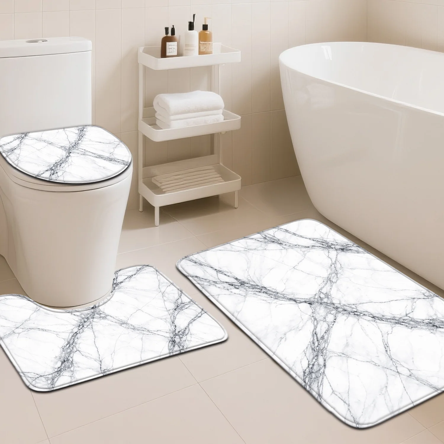 

3 Piece Marble Bathroom Rug Set Soft Non Slip Bath Mat Toilet Lid Cover Contour Rug For Modern Home Decor