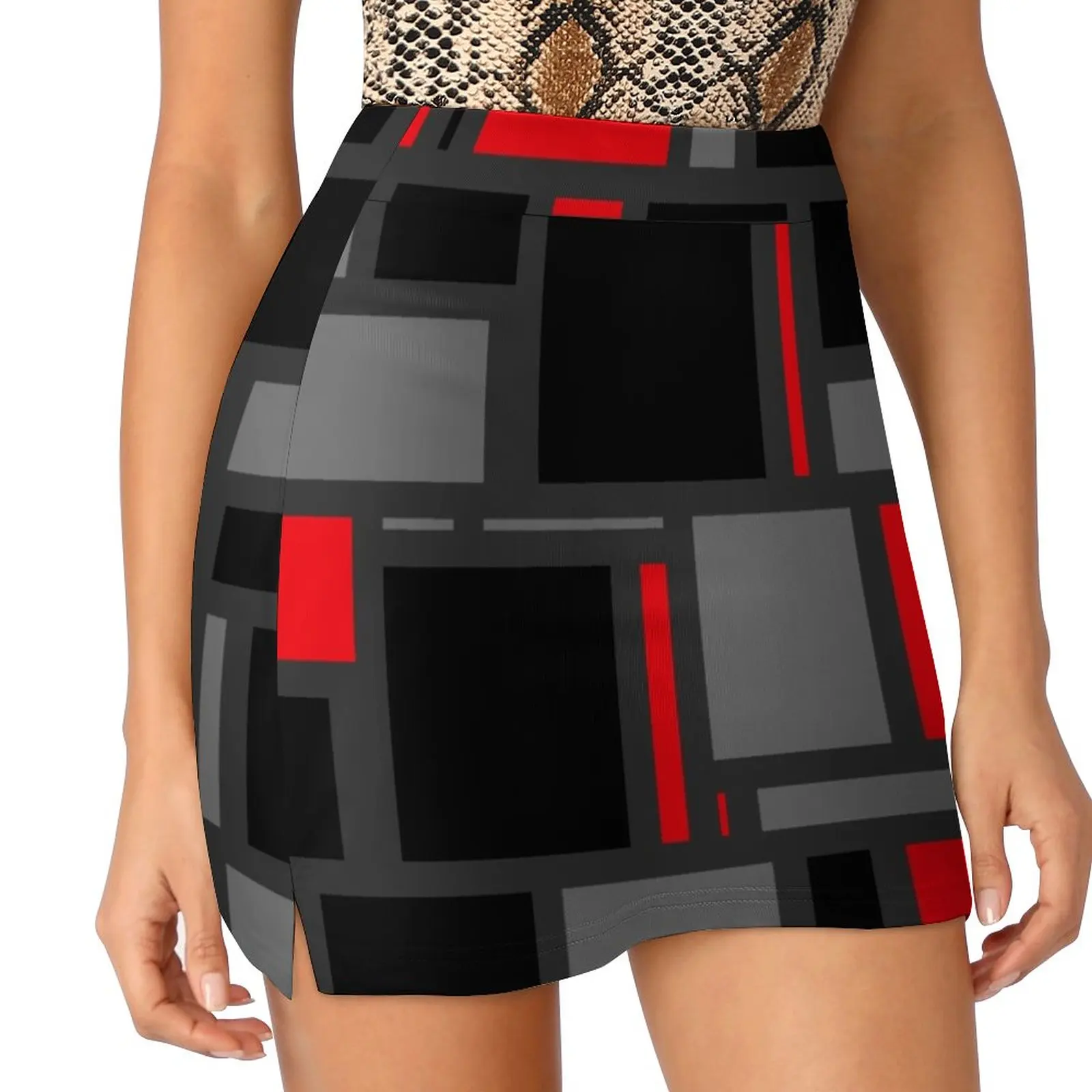 Modern Mondrian Women's skirt Mini Skirts A Line Skirt With Hide Pocket Black Red Polygon Geometric Geometry Shapes Squares