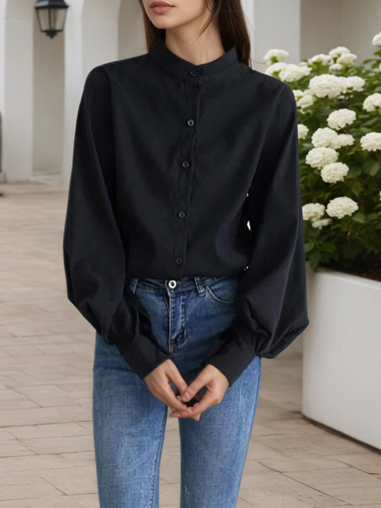 

FSTDCY Vintage Stand Collar Single Breasted Lantern Sleeves Shirt Elegant Solid Long Sleeved Office Blouse Lady Streetwear Tops