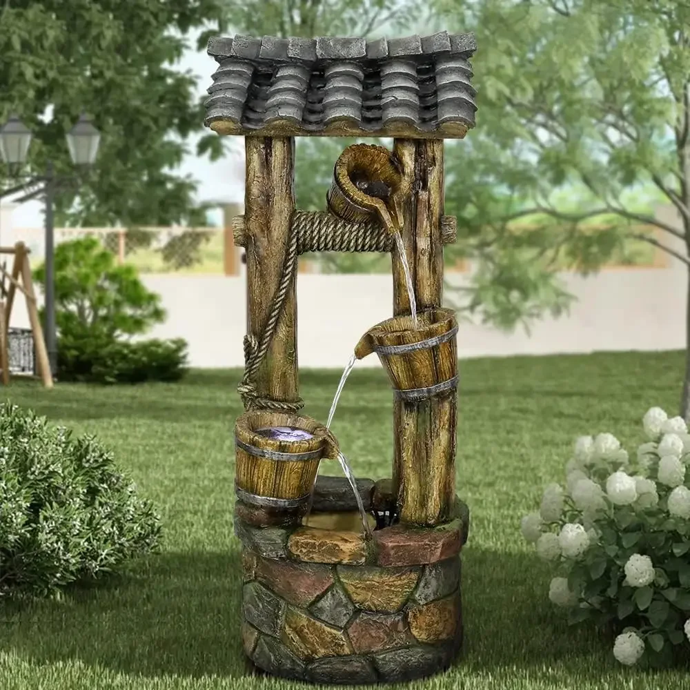 

Wishing Well Water Fountain, 39.3inches Rustic Outdoor Water Fountain - Outdoor Cascading Fountain with Buckets