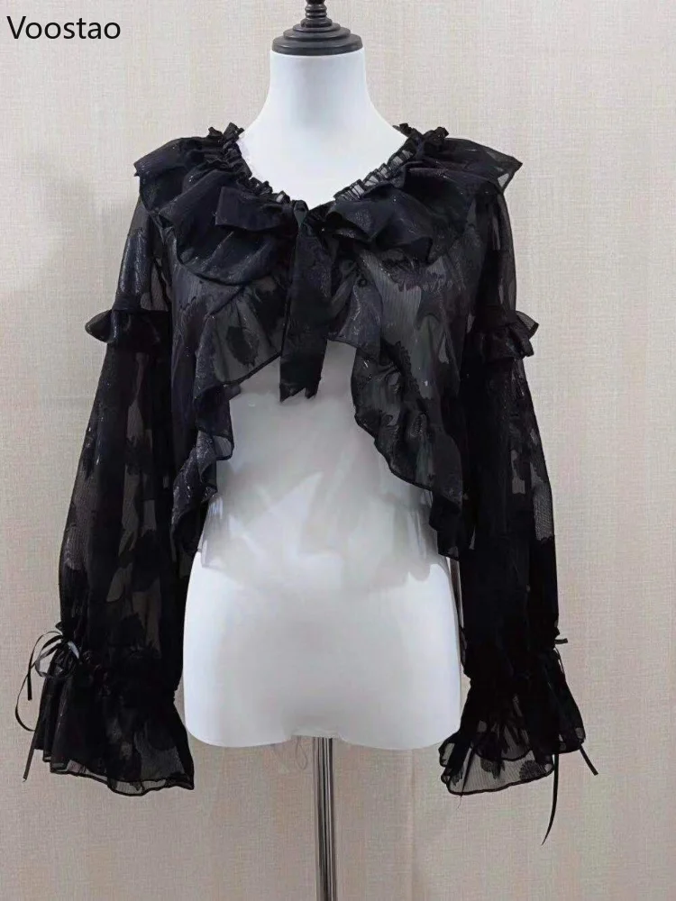 Victorian Vintage Gothic Lolita Cardigan Tops Women Elegant Thin Sunscreen Jacket Summer Girls Cute Ruffles Long Sleeve Coats