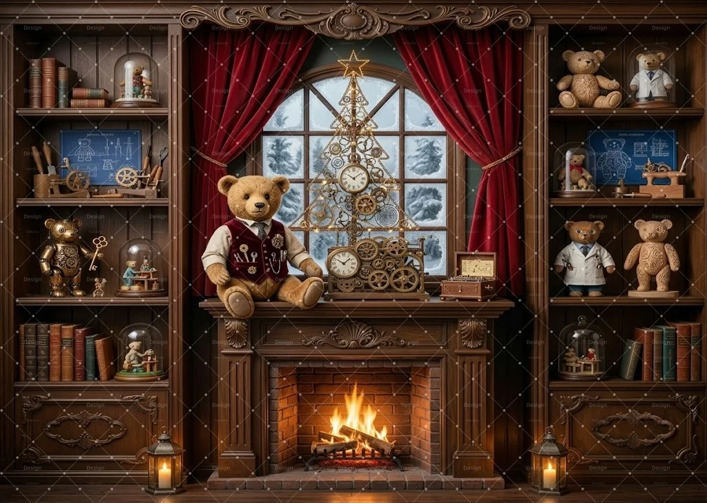 Vintage Study Christmas Corner Room Photography Backdrop Wooden Bookshelf Bear Fireplace Arch Snow Window Scene Kids Decor Prop