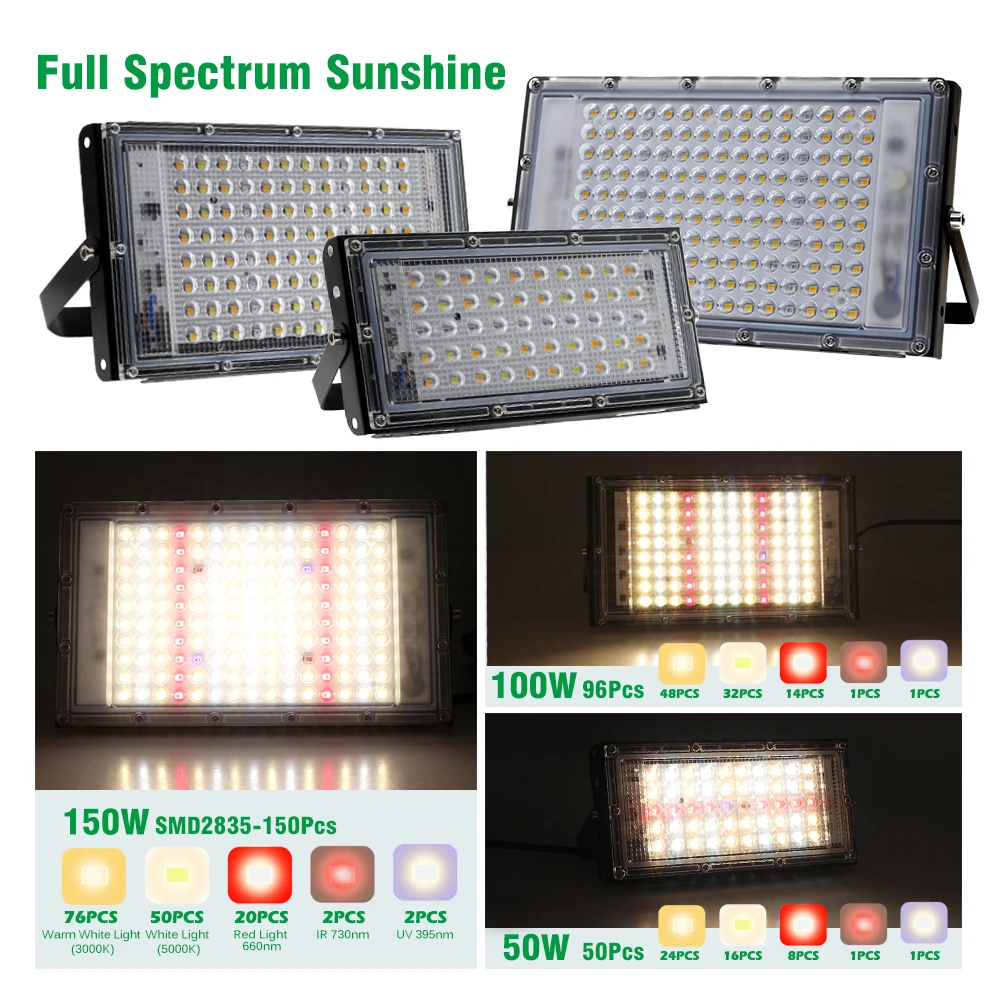 Full Spectrum LED Grow Light 50W 100W 150W 220V For Hydroponic Indoor Plants Growing Lamp For Greenhouse Seeding IP65 Waterproof