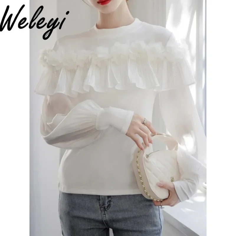 White Round Neck Ruffle Edge Knitted Sweater Women's Autumn and Winter 2024 Design French Unique Long Sleeve Knitting Top Female