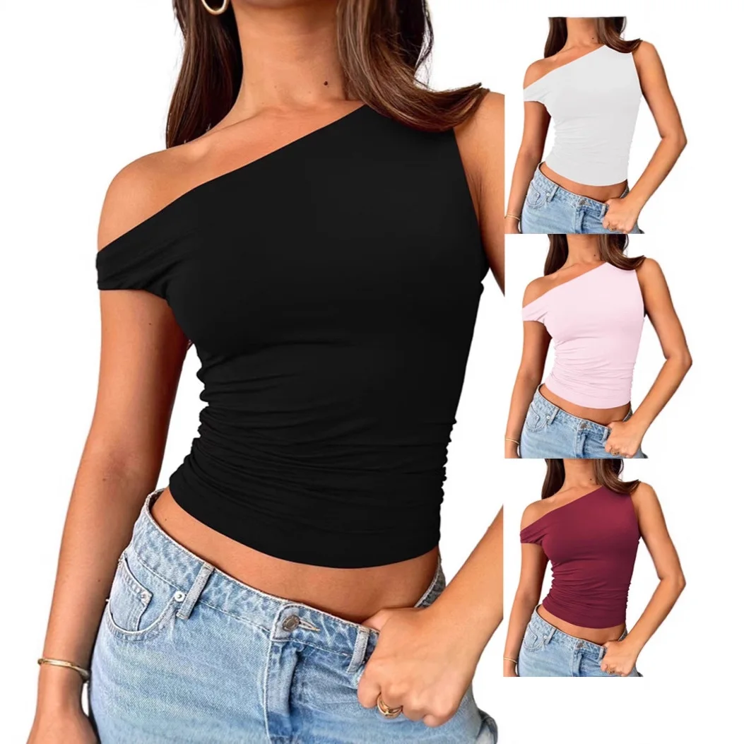 

Женская одежда 2025 г., однотонный топ без рукавов с наклонными плечами, маленький жилет, футболка, обтягивающий и сексуальный пупок