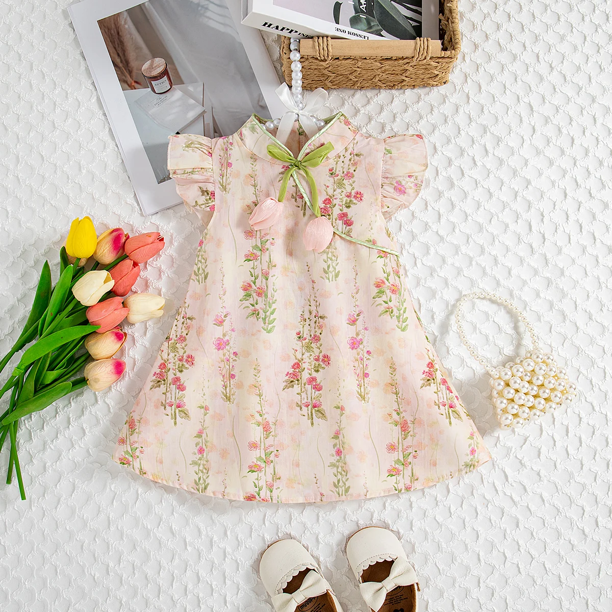 

Летнее платье в китайском стиле для маленьких девочек, розовое хлопковое платье с цветочным принтом и бантом-тюльпаном, детское Ципао