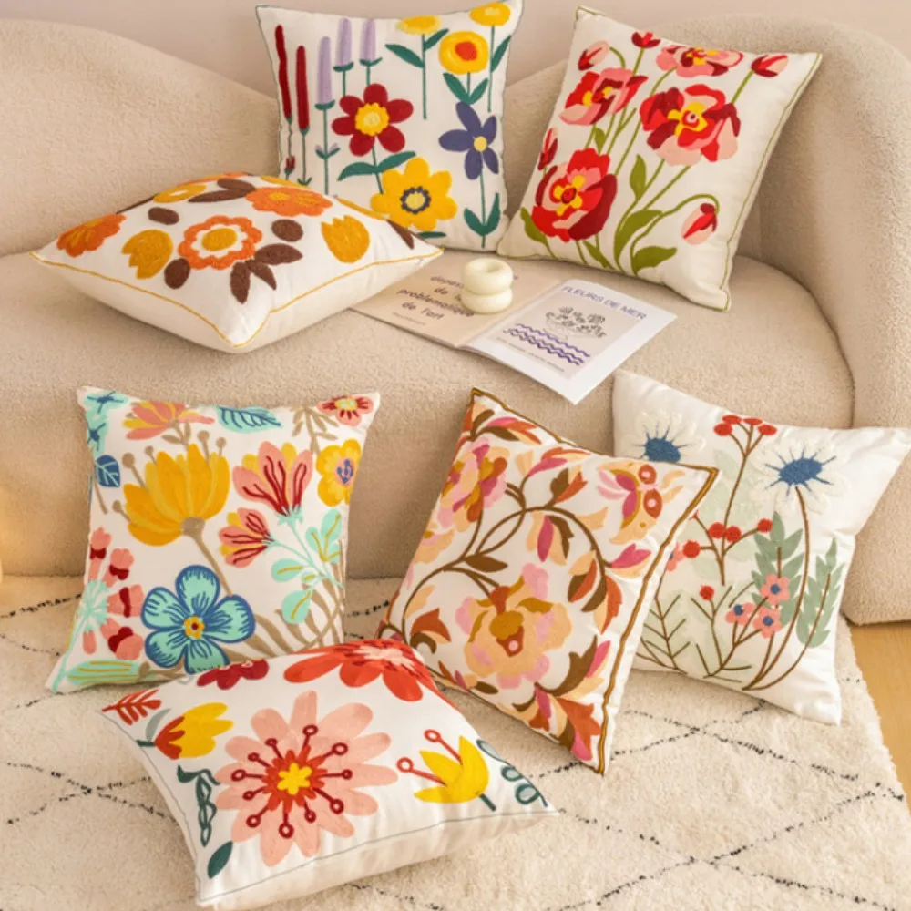 Embroidered Throw Pillow Cover - 18x18 Boho Cozy Decorative Pillow Cover with Zipper Aesthetic Cute Design Artistic Flowers
