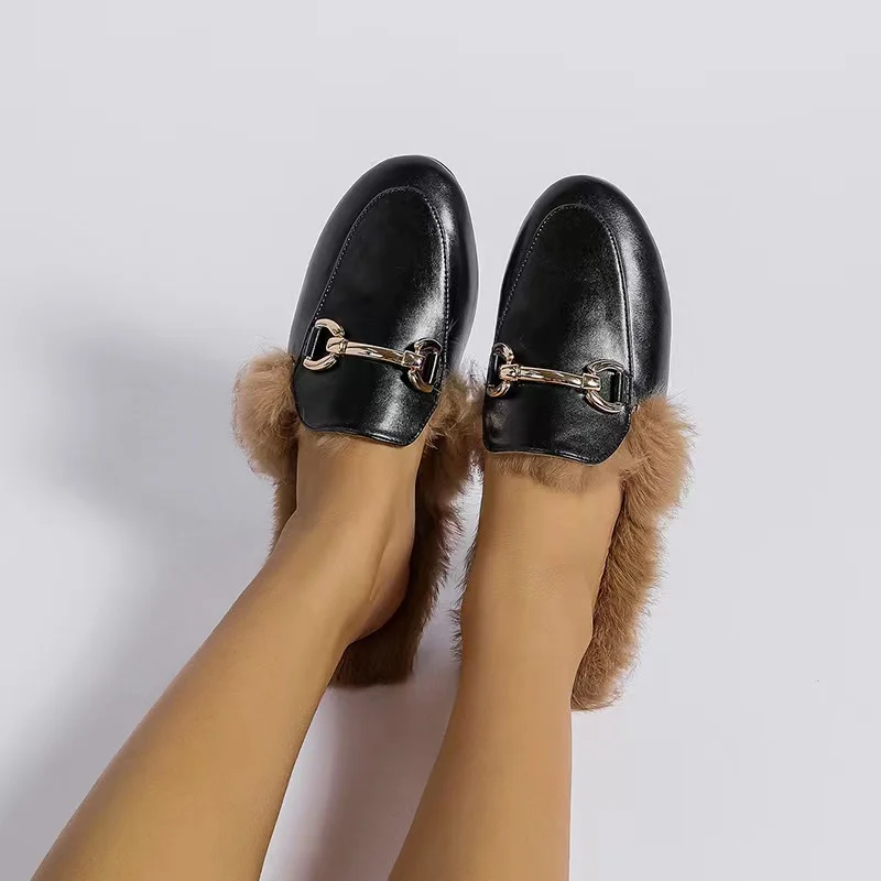 

Rabbit hair half slipper woman 2024 new flat lazy single shoes casual slip-on square bean shoes Bao head slipper woman