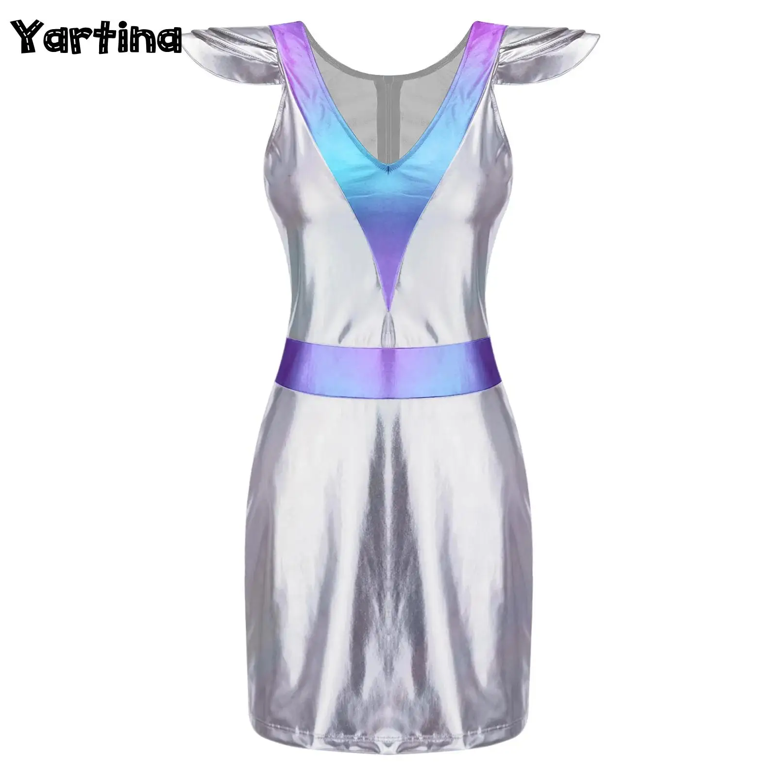 

Adults Womens Halloween Outer Space Alien Cosplay Costume Metallic Glossy Robot Dress Astronaut Carnival Festival Dress Up