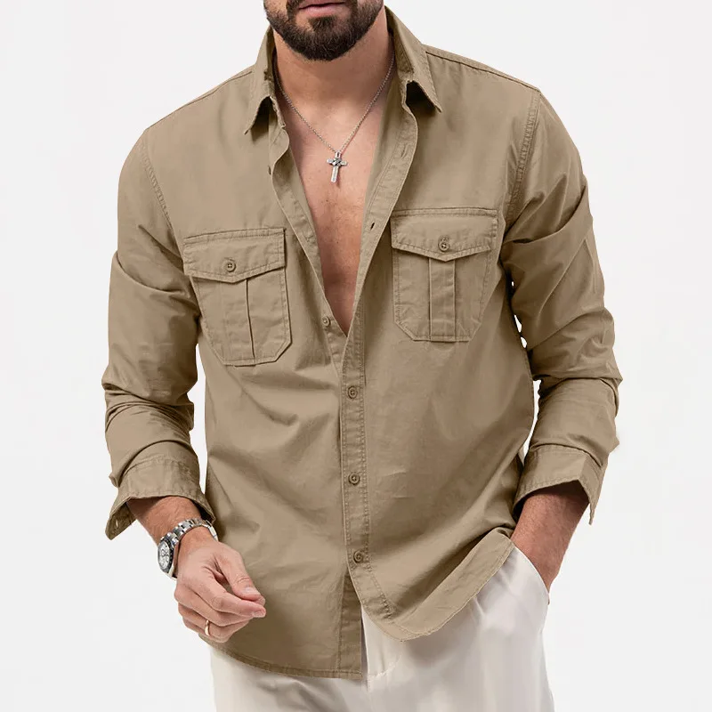 Camisas de carga para exteriores de otoño para hombre, camiseta de manga larga con solapa y bolsillo a la moda, camisas tácticas de color verde militar para hombre