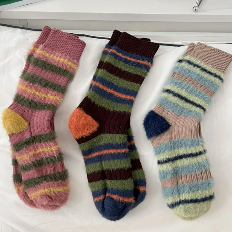 

1/2pairs Women's Retro Mink Velvet Striped Knitted Socks Winter Fluffy Warm Sock Mid-tube Thick Thread Needles Long Stocking