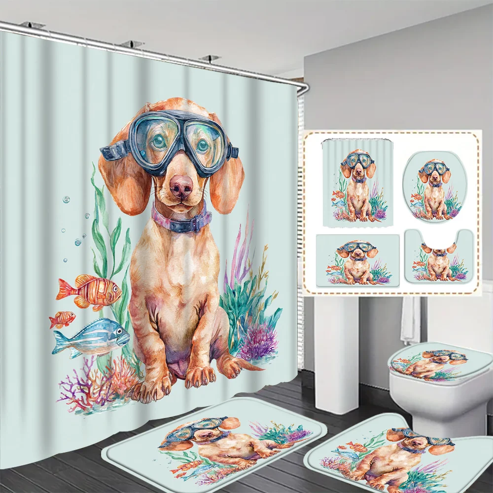 Artistic Watercolor Dog Shower Curtain Tropical Underwater Ocean Puppy Bath Curtain Cute Sea Life Pet Bathroom Decor for Dog Lov