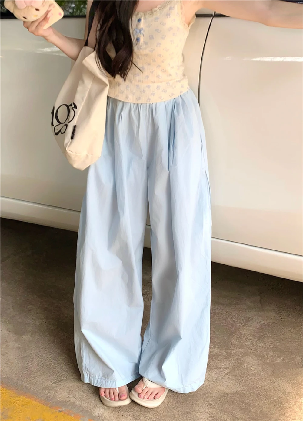 2024 Summer New Niche Personality Campus Fresh Sky Blue Breathable Thin Wide Leg Pants Women Show Long Legs