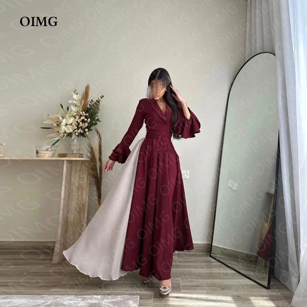 

OIMG Wine Red/WHite Long Evening Party Dresses Long Sleeves V Neck Arabic Women Formal Cocktail Dress Prom Night Event Gowns