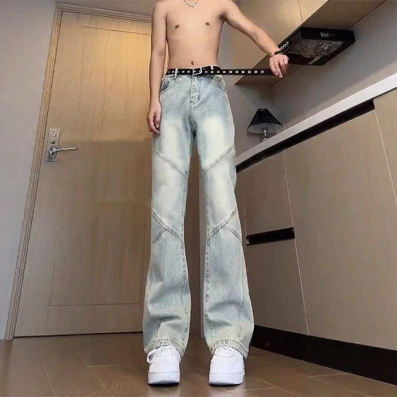 

American Sle Patchwork Flared Jeans Straight Leg Men's High Waist Spring Autumn Wear Resistant Belted Casual Youth Faion