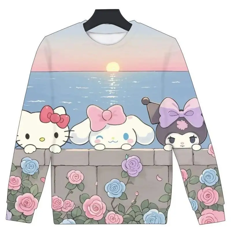 

Женское пальто Sanrio Hello Kitty, топы, футболка из хлопка для девочек, повседневная одежда с милым мультяшным принтом, креативный дизайн, модный тренд, круглый вырез горловины