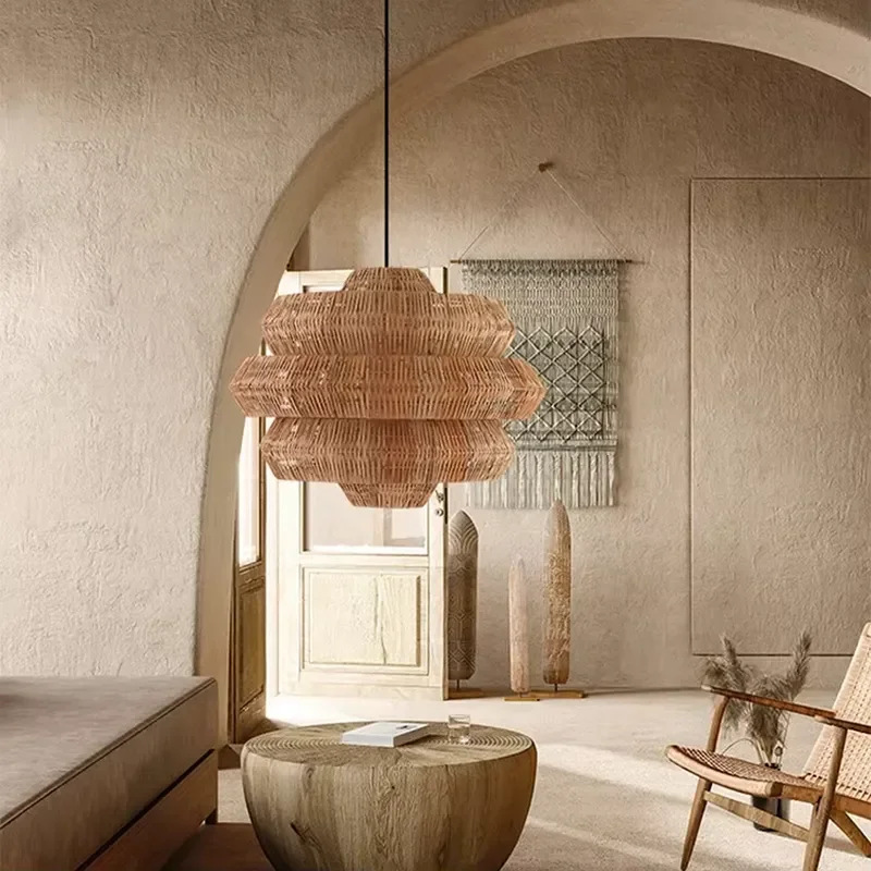 Three-layer hexagonal hand-woven rattan chandelier, black wrought iron chandelier, suitable for B & B villa wabi-sabi style