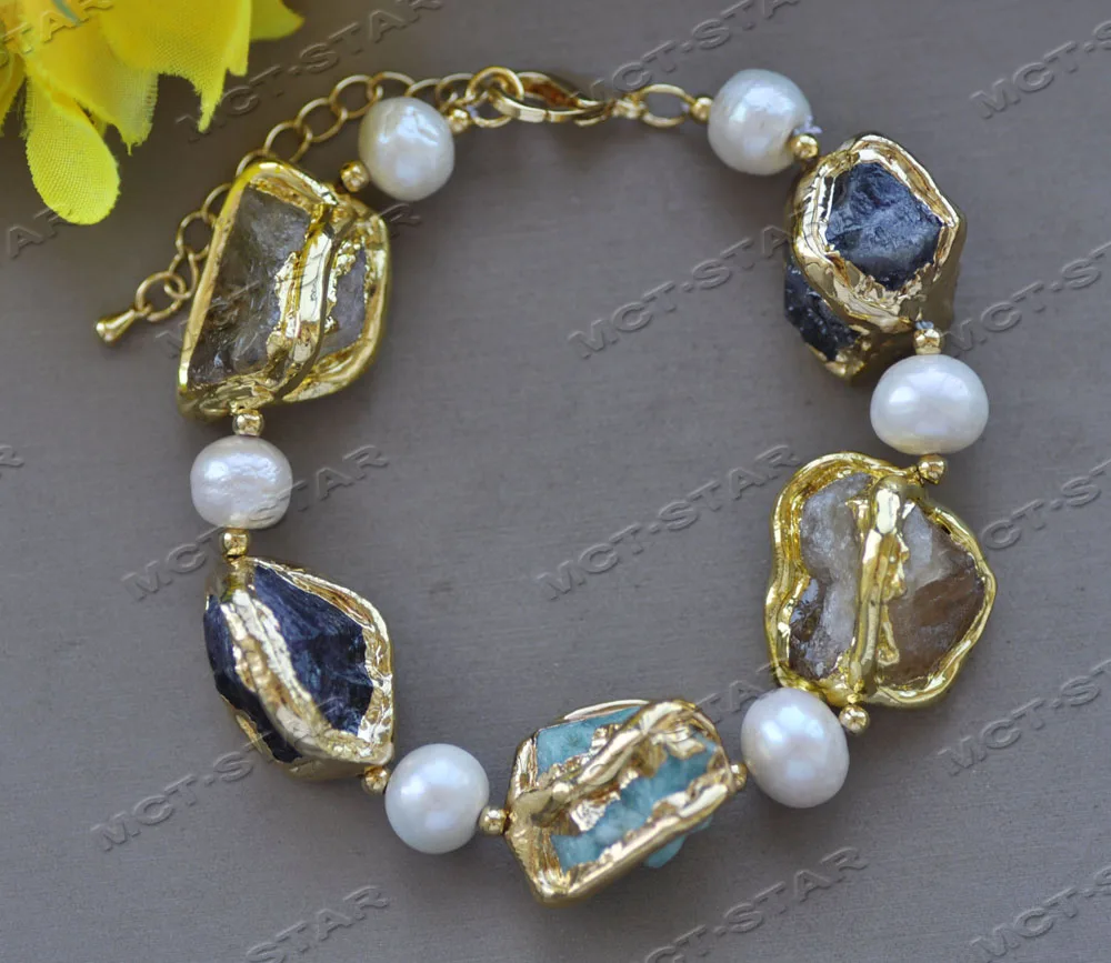 Z12244 Set 22mm Baroque Citrine Amethyst Aquamarine Gold-Plated White Pearl Necklace Bracelet Earring