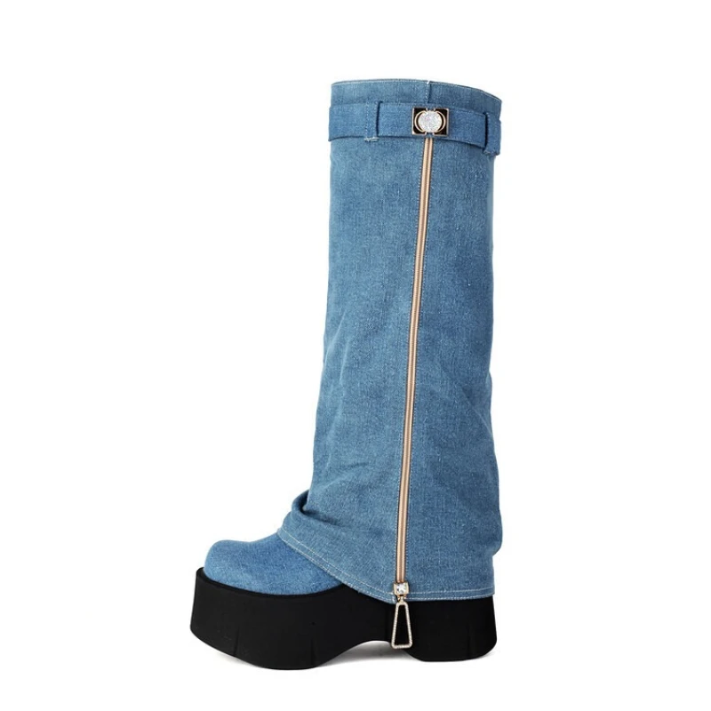 Western Cowboy Boots Metal Belt Buckle Square Toe Large Tube Circumference Long Boots Women Thick Heel Retro Slip On Knight Boot