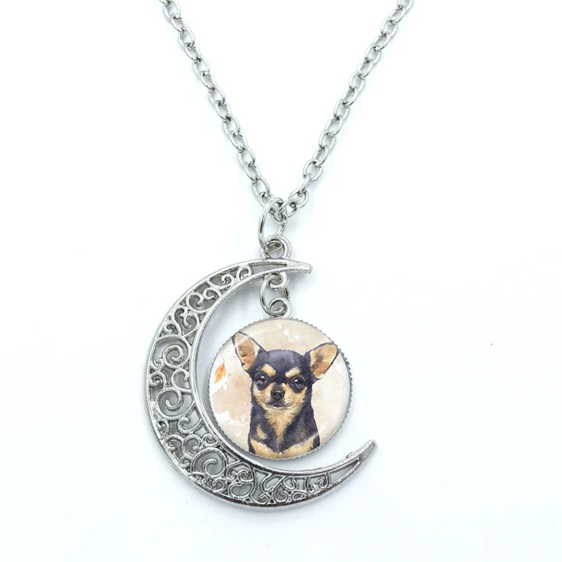 Cute Chihuahua Glass Dome Cabochon Crescent Moon Necklace Statement Jewelry Gifts