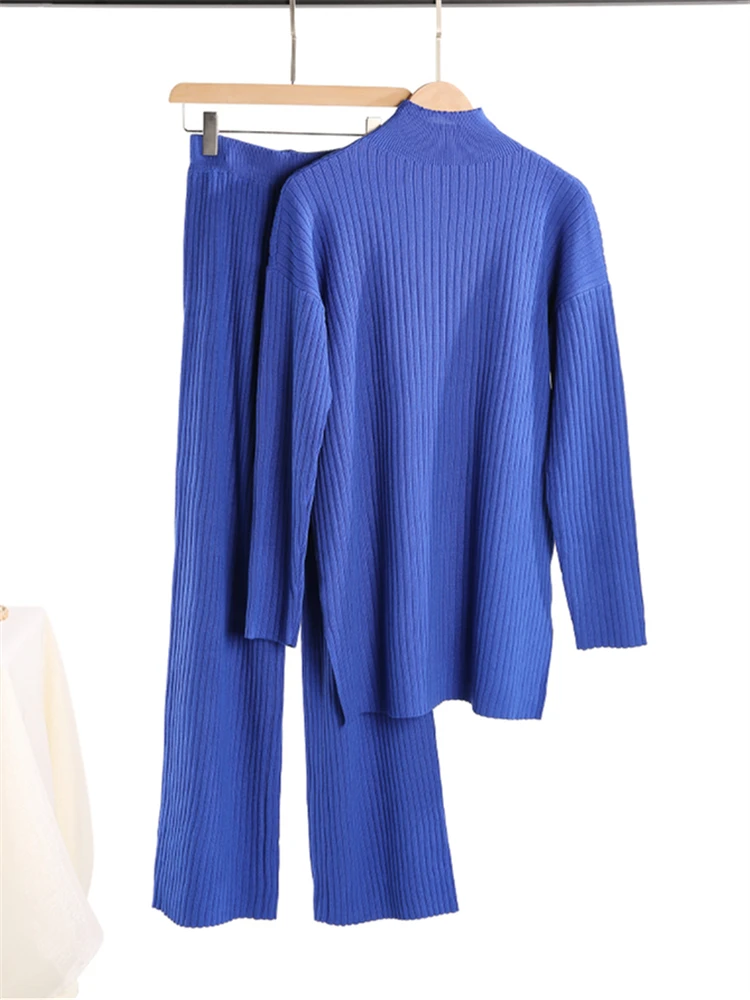 REALEFT Elegant Autumn Winter 2 Pieces Women's Sets Knitted Tracksuit Turtleneck Sweater and Straight Jogging Pants Outfit Suits