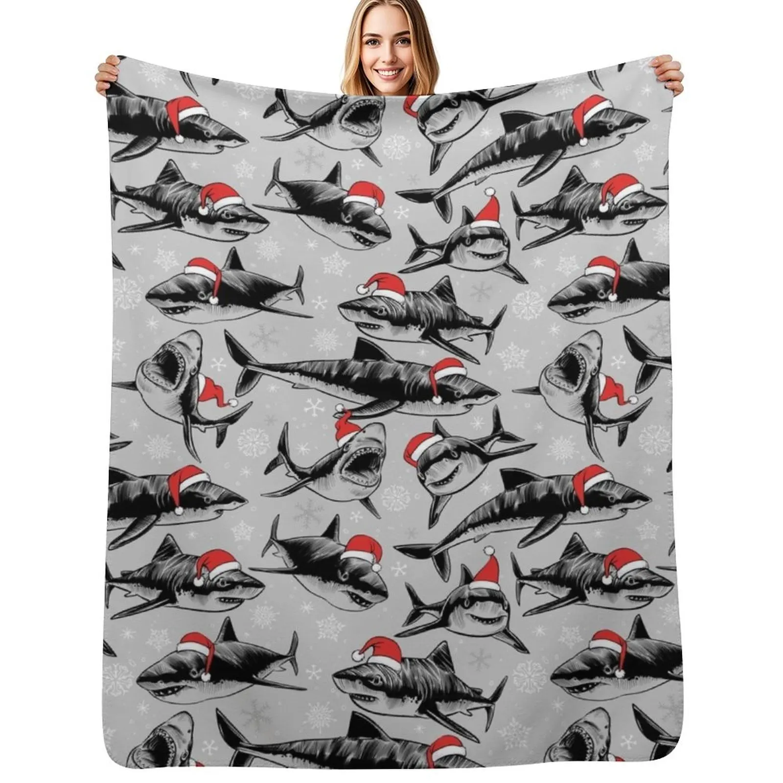 Santa Sharks Throw Blanket Single Sofa halloween Thermals For Travel Soft Big Decorative Throw Blankets