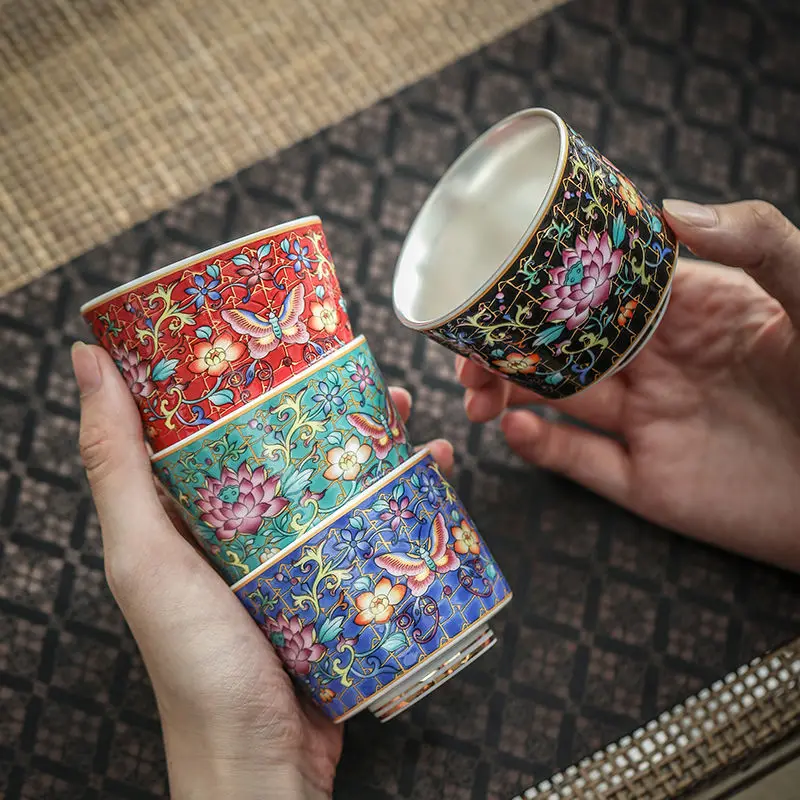 

Gilt Silver Teacup Blue and White Porcelain Kung Fu Tea Set Chinese Silver Teacup Enamel Master Cup Large Capacity Cup Gift Box