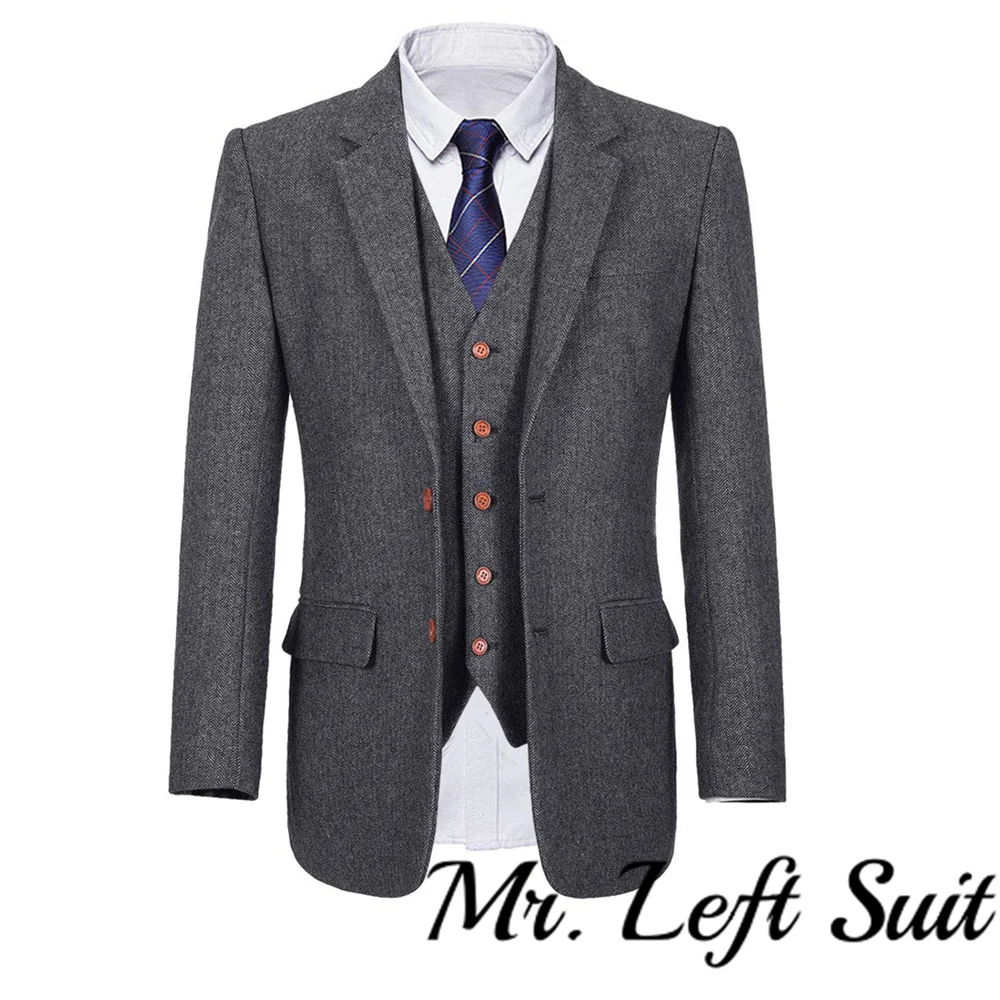 Herringbone Wool 3 Piece Suit For Men High Quality Custom Suit Men Tweed Suit Vintage Men Tweed Jacket Set (Jacket+Vest+Pants)