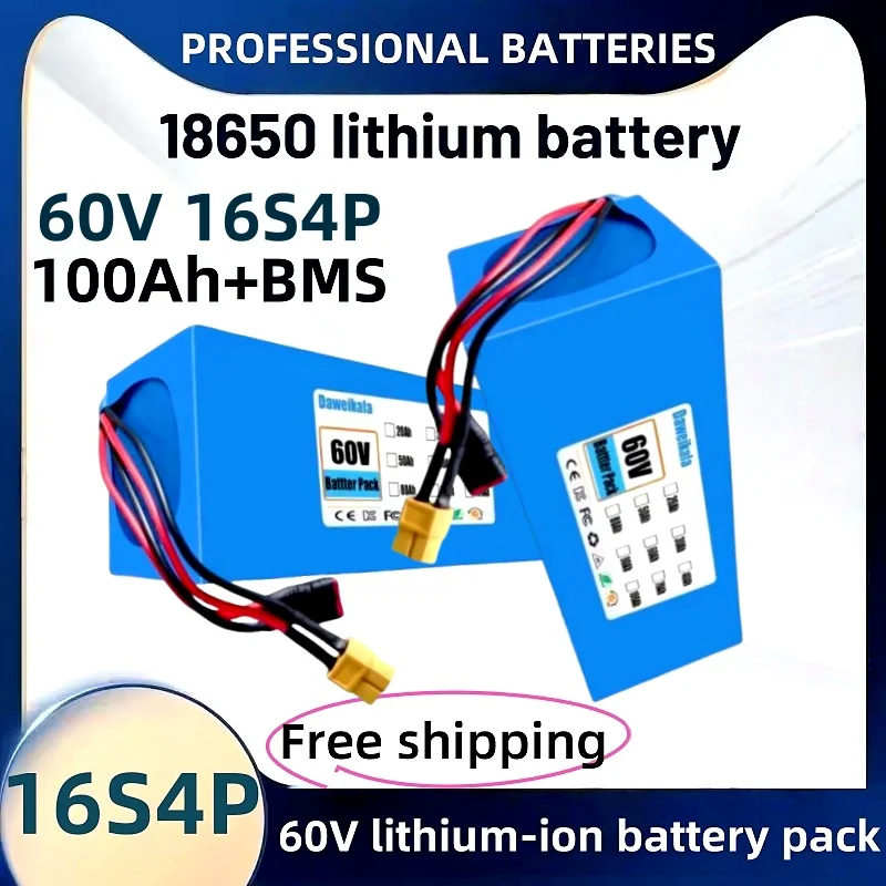 

60V 16s4p lithium-ion battery pack, 60V 100000mAh 2000W battery, built-in 50A BMS+charger, long-lasting battery life tax-free