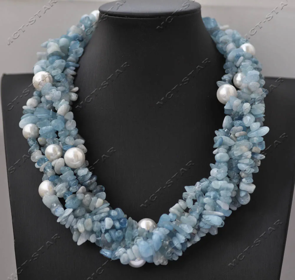 

Z13391 6Row 18" Blue Aquamarine Gravel White Round Shell Pearl necklace Custom Jewelry