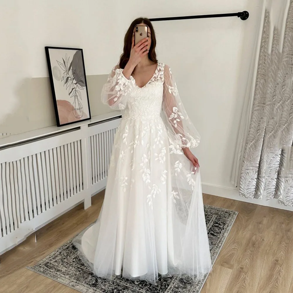 LoveDress-vestido De novia De sirena con escote en V para mujer, ropa De boda con apliques De encaje, Espalda descubierta, mangas abullonadas, 2023