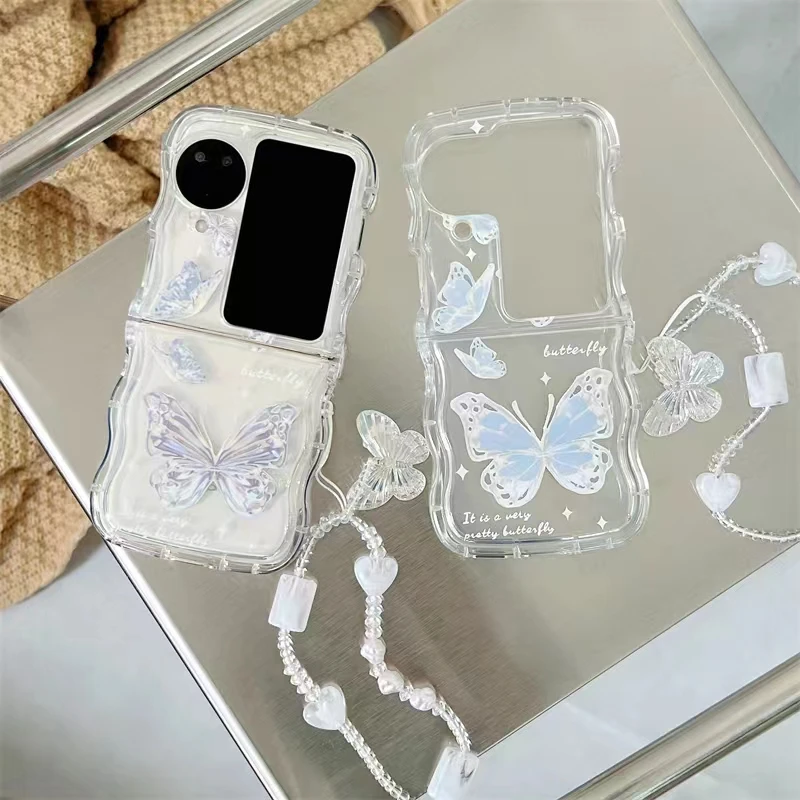 For Oppo Find N2 Flip Find N3 Flip Unique Elegant Butterfly Crystal Heart Pearl Chain Wrist Strap Wave Phone Case Cover