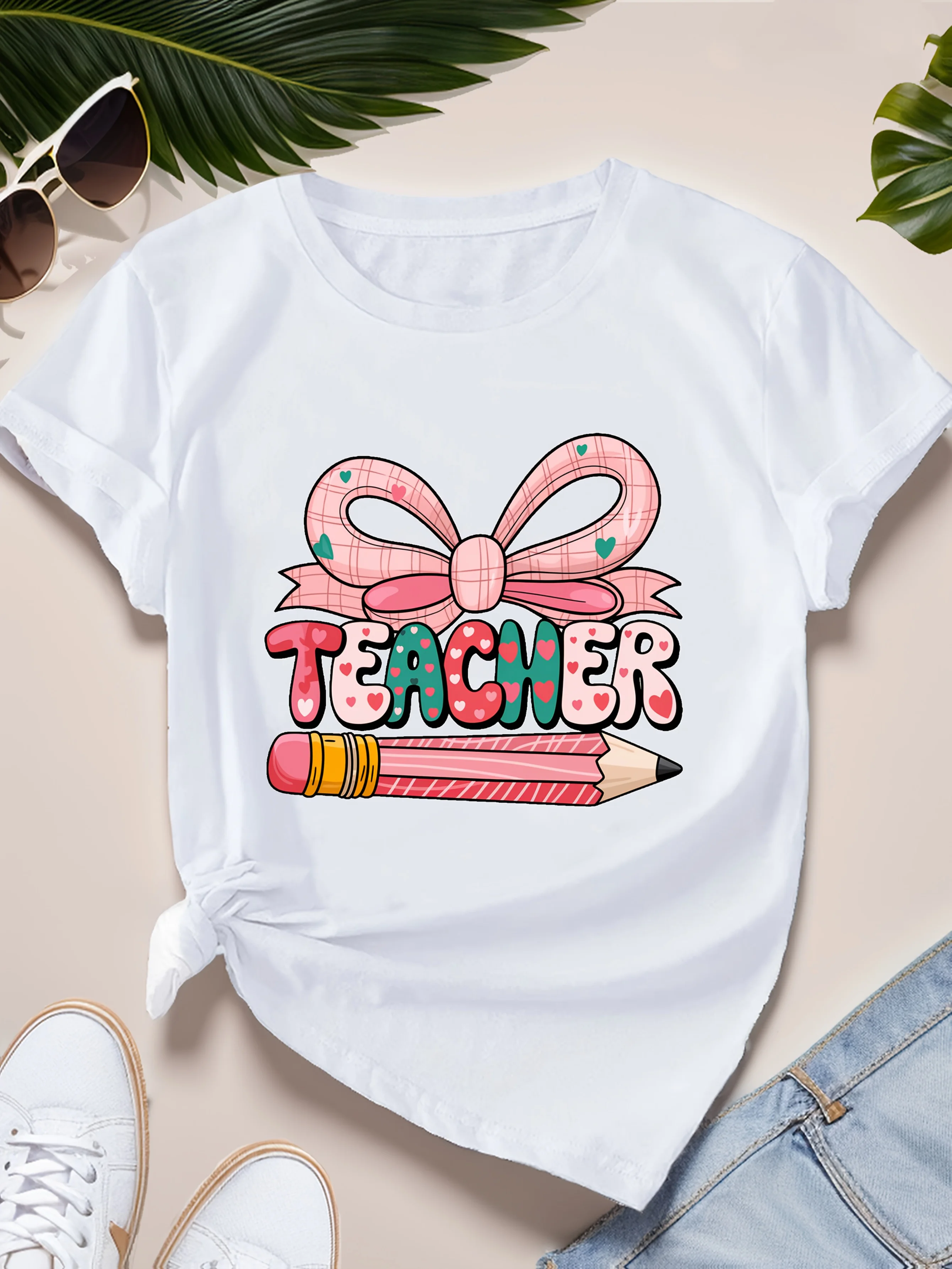 

Women's Casual T-Shirt Teacher Appreciation Pink Bow and Pencil Short Sleeve Round Neck Aesthetic Clothes Women T Shirt
