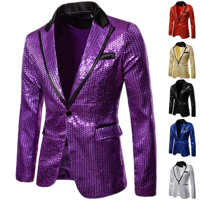 Men Nightclub Prom Suit Blazer Costume Shiny Gold Sequin Glitter Embellished Blazer Jacket Coat Homme Stage Clothes for Singers